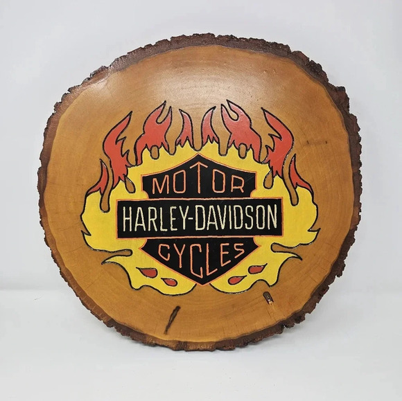 Harley-Davidson Motorcycle Slab Wood Wall Hanging Engraved Rustic Home Bar Decor - Picture 1 of 7